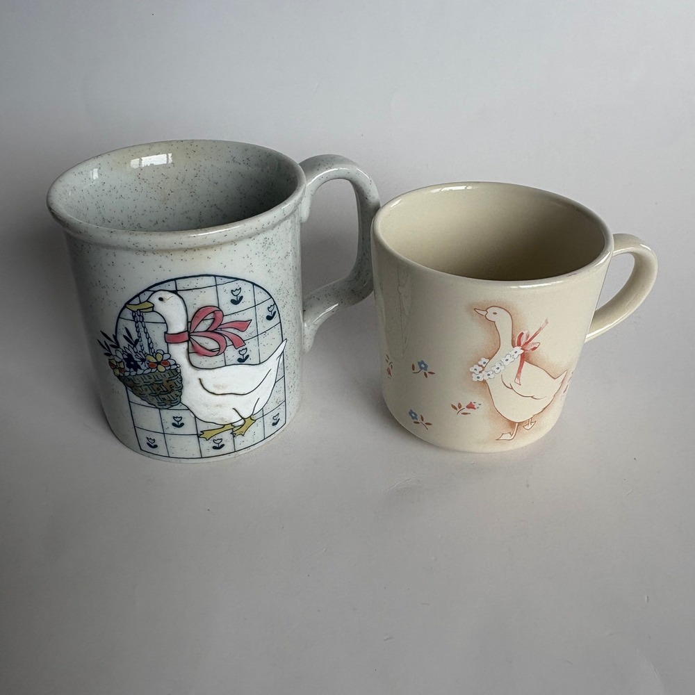 Vintage Country Goose Mug Set Corning‎ NY USA Speckled Stoneware Cottagecore 2pc